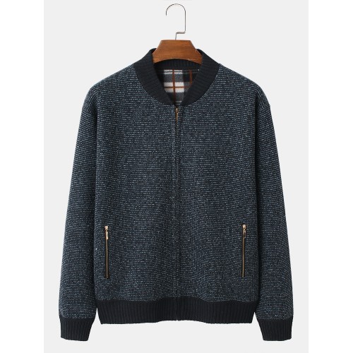 Mens Baseball Collar Rib  Knit Warm Cardigans With Zipped Pocket
