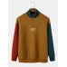 Men Corduroy Patchwork Contrast Color Letter Stand Collar Letter Pullover Sweatshirt