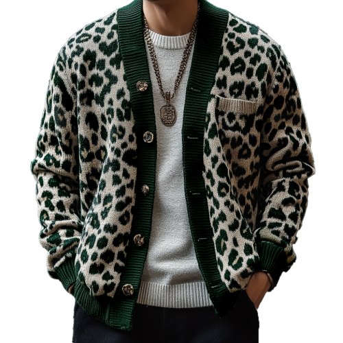 Men's Vintage Leopard Jacquard Colorblock Single Breasted Cardigan 17268231Y
