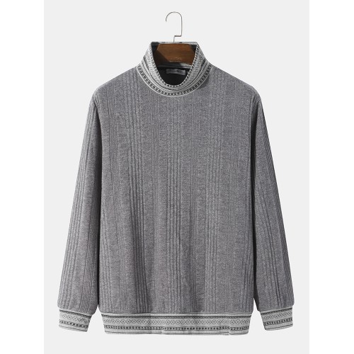 Men Rib Knit Ethnic Trim High Neck Pullover Casual Sweatshirt